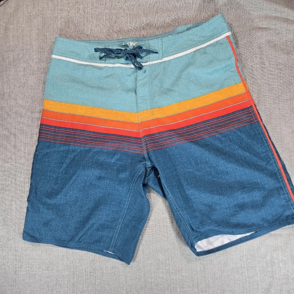 Surf Style Men Sz 32 Drawstring Waist Swim Shorts Trunks Sunset Design EUC Beach